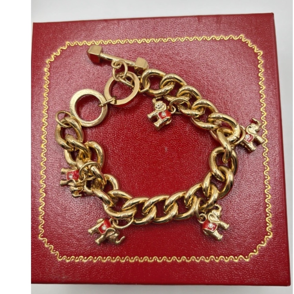 Vintage Gold Tone Red Enamel Elephant Charm Bracelet Heavy Curb Chain Retro 8in